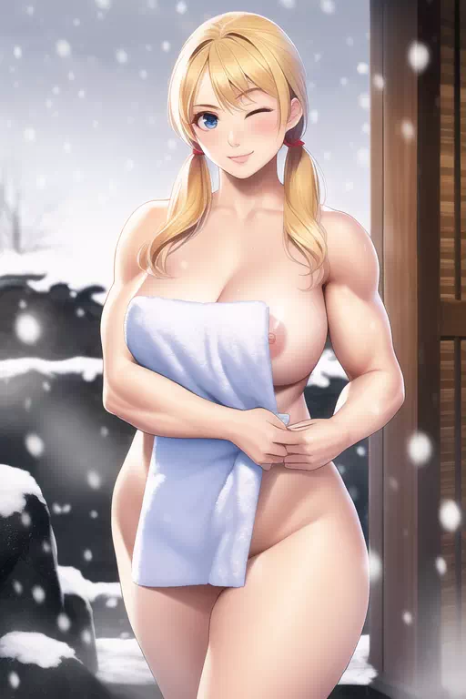 雪の露天のマッスル姉さん