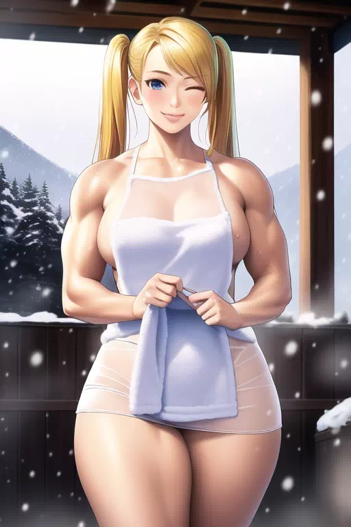 雪の露天のマッスル姉さん