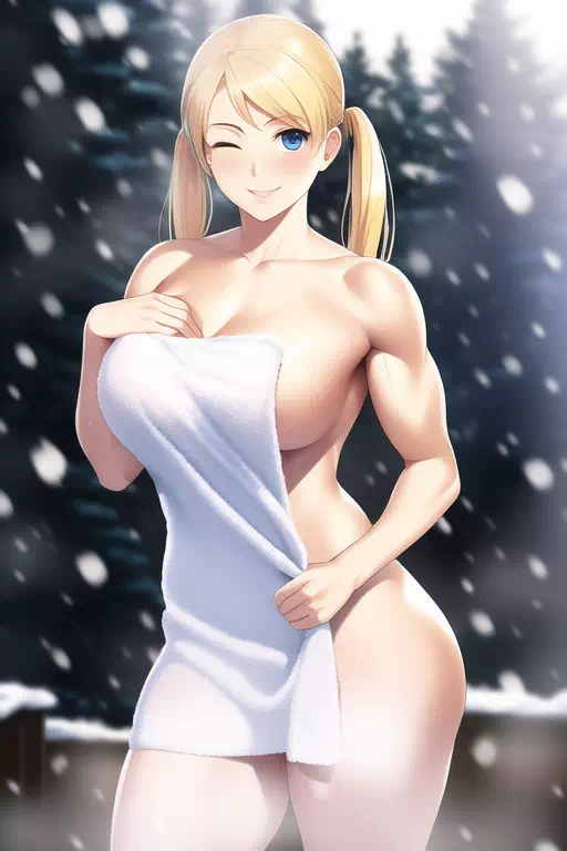 雪の露天のマッスル姉さん