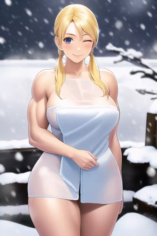 雪の露天のマッスル姉さん