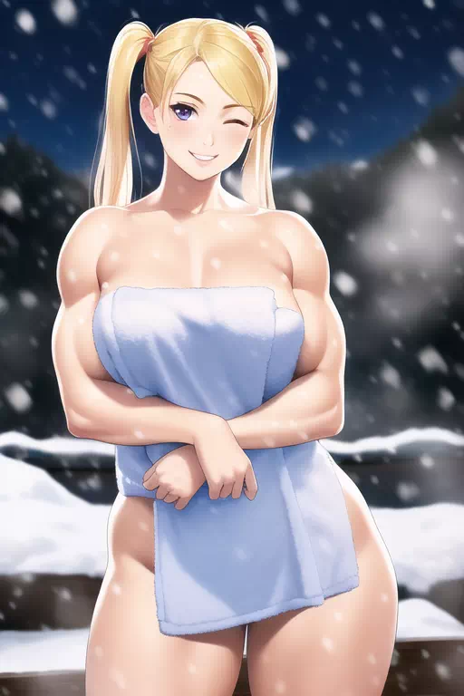 雪の露天のマッスル姉さん