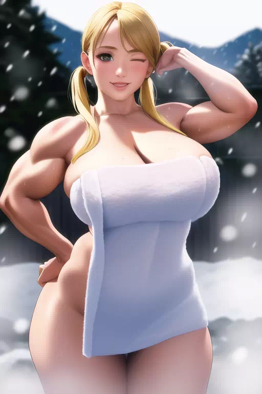 雪の露天のマッスル姉さん