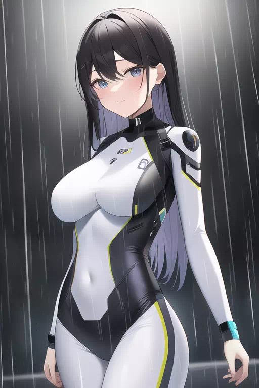 雨の中佇むボディスーツ美女