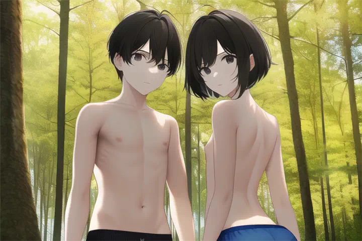 裸で森林浴・沐浴を受けて心身の健康を図る少年・少女たち