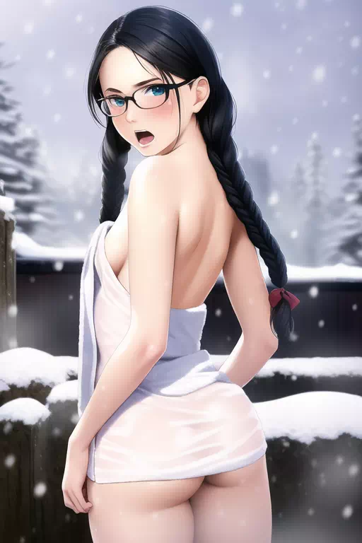 雪の露天の眼鏡っ娘