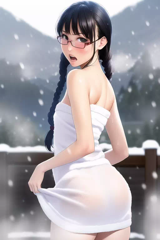 雪の露天の眼鏡っ娘