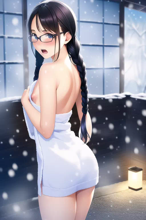 雪の露天の眼鏡っ娘