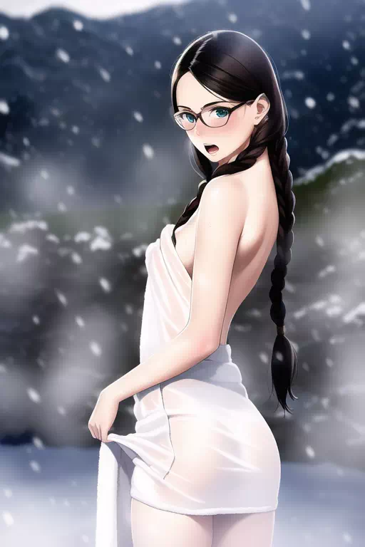 雪の露天の眼鏡っ娘