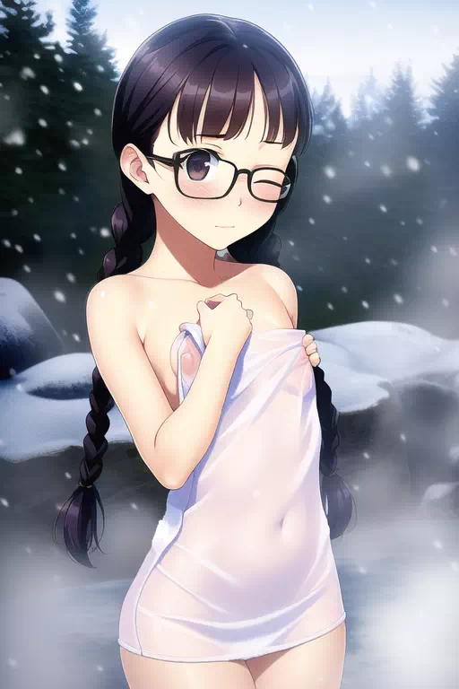 雪の露天の眼鏡っ娘