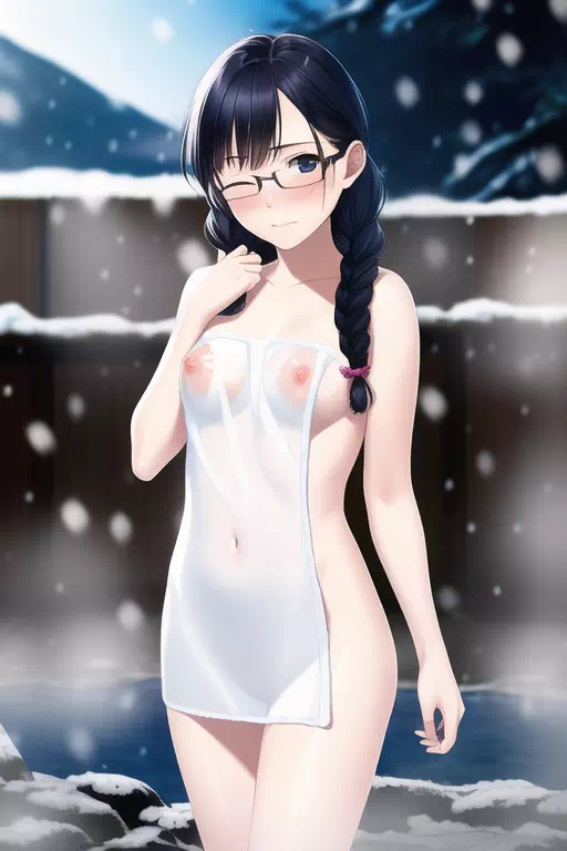 雪の露天の眼鏡っ娘