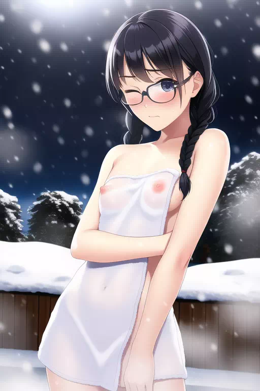 雪の露天の眼鏡っ娘