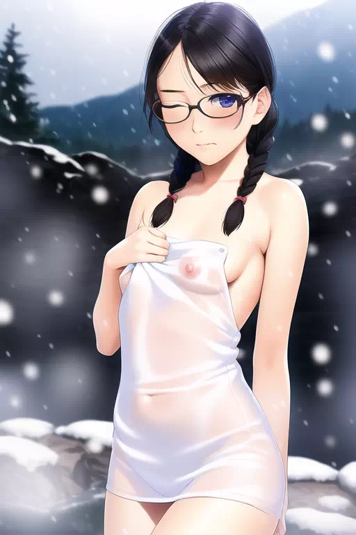 雪の露天の眼鏡っ娘