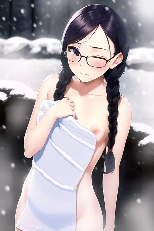 雪の露天の眼鏡っ娘