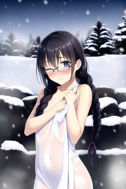 雪の露天の眼鏡っ娘