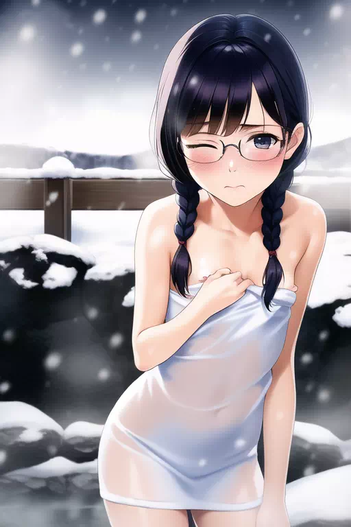 雪の露天の眼鏡っ娘