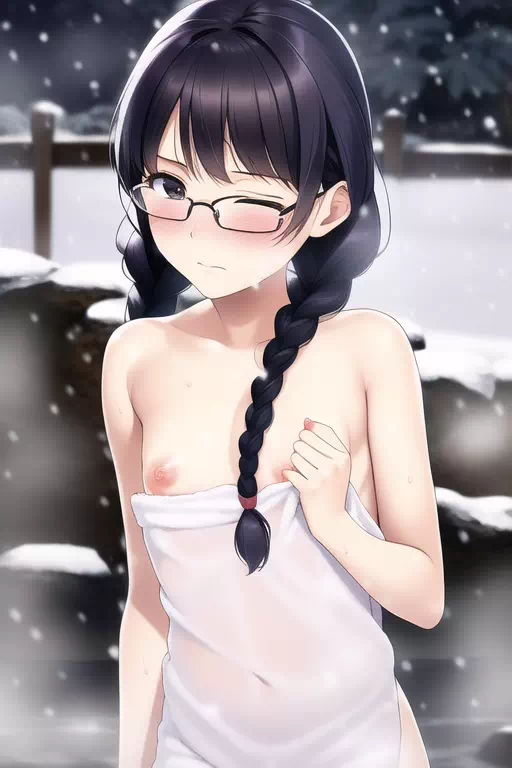 雪の露天の眼鏡っ娘