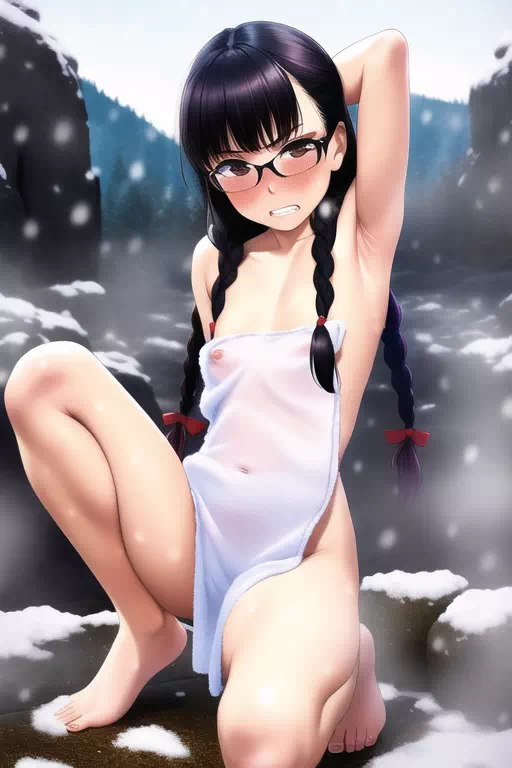 雪の露天の眼鏡っ娘