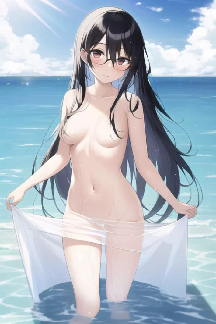 海に裸で入ってる眼鏡をかけた女性