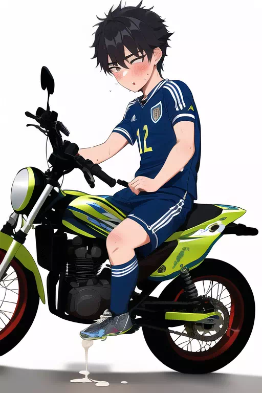 サッカー少年がバイクのエンジンオイルを交換しています