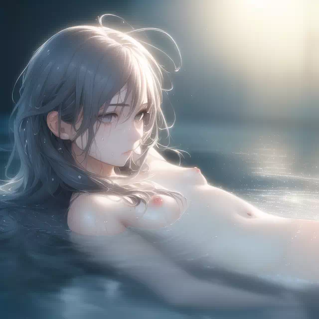 女の子、水面寝そべり