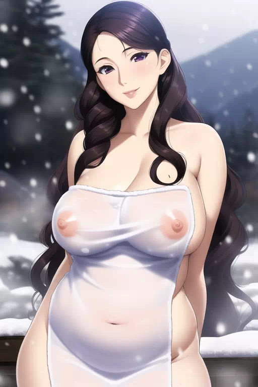 雪の露天のぽちゃ姉さん