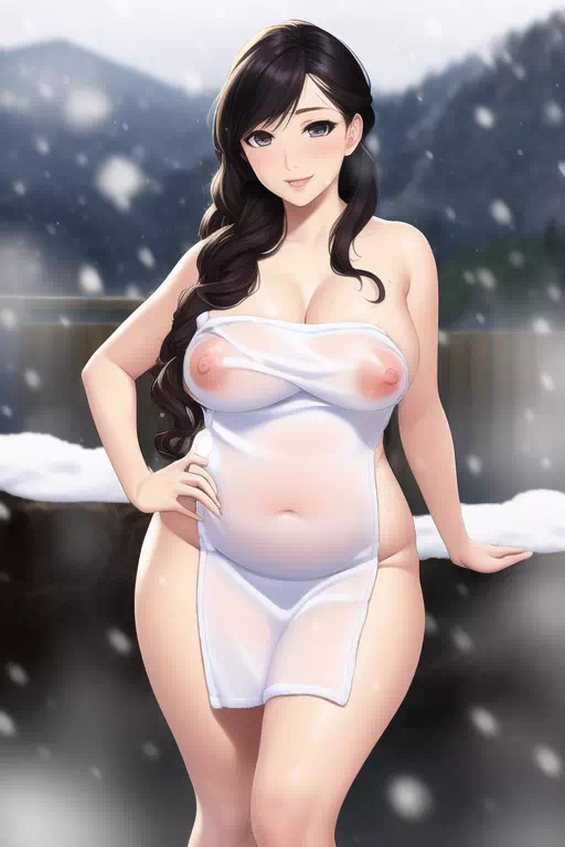 雪の露天のぽちゃ姉さん